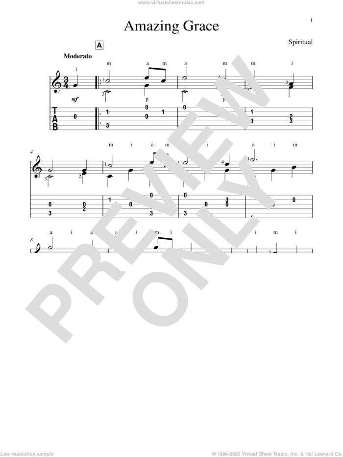 Amazing Grace sheet music for guitar solo by John Newton, John Hill and Edwin O. Excell, wedding score, intermediate skill level