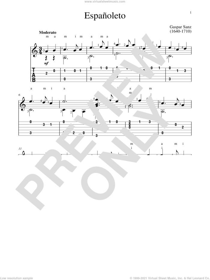 Espanoleta sheet music for guitar solo by Gaspar Sanz and John Hill, classical score, intermediate skill level