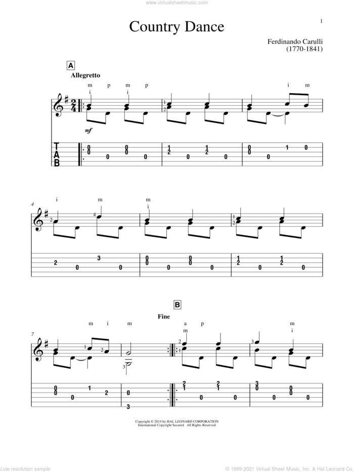 Country Dance sheet music for guitar solo by Ferdinando Carulli and John Hill, intermediate skill level