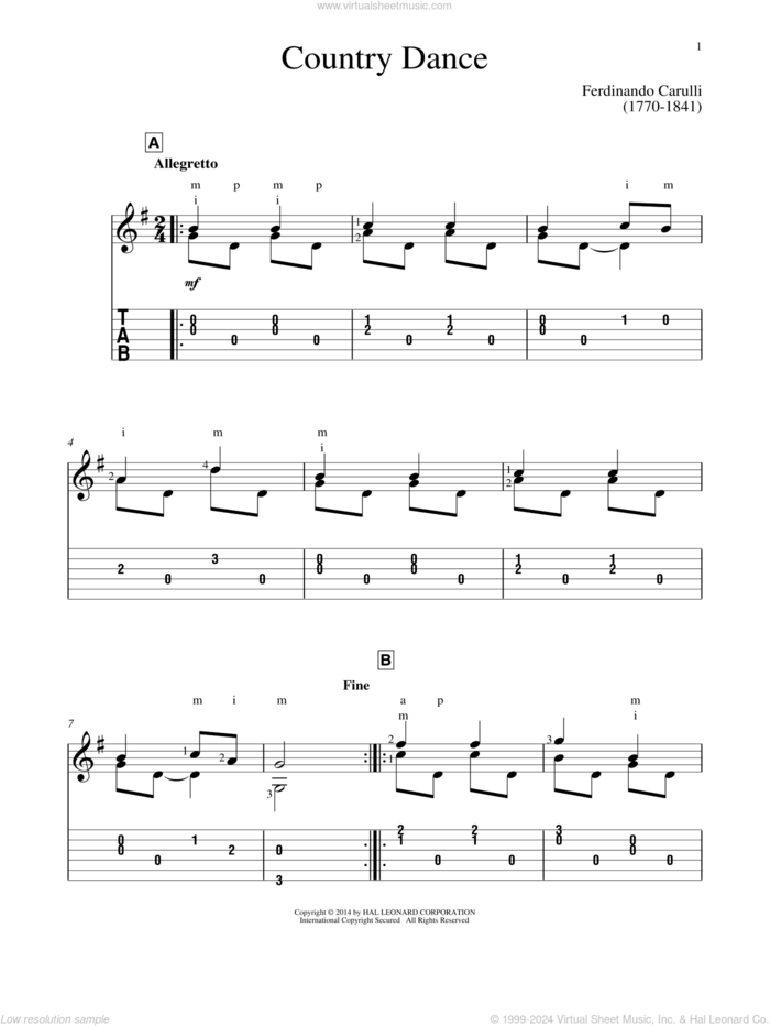 Country Dance sheet music for guitar solo by Ferdinando Carulli and John Hill, intermediate skill level