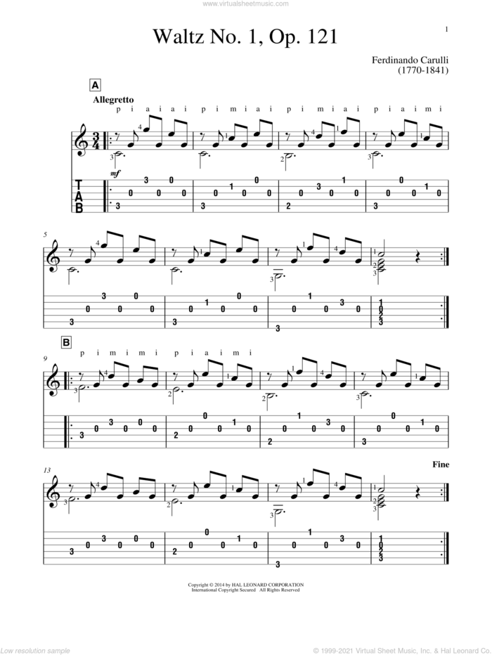 Waltz No. 1 sheet music for guitar solo by Ferdinando Carulli and John Hill, classical score, intermediate skill level