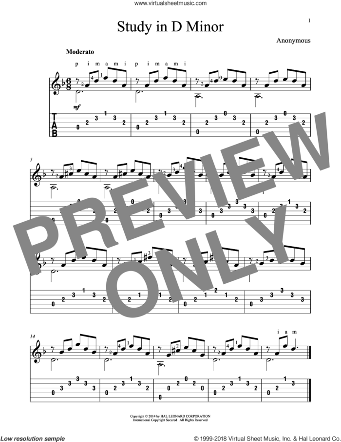 Study In D Minor sheet music for guitar solo by John Hill, classical score, intermediate skill level