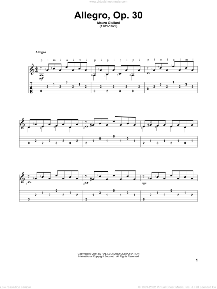 Allegro Op. 30 sheet music for guitar solo by Mauro Giuliani and John Hill, classical score, intermediate skill level