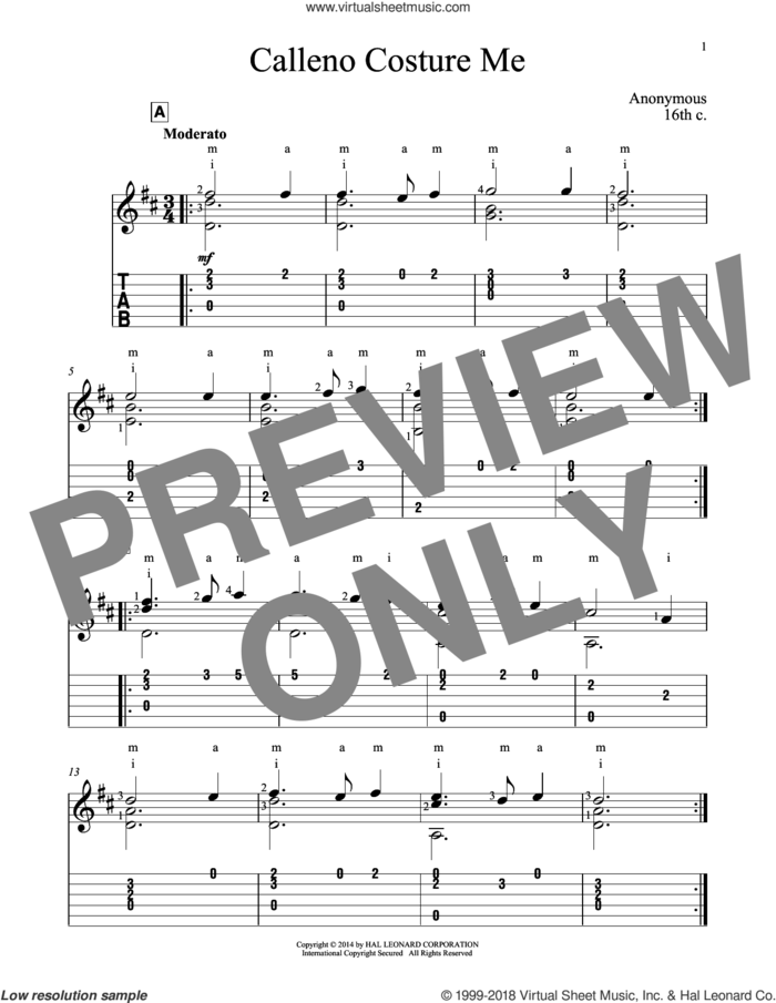 Calleno Costure Me sheet music for guitar solo by John Hill, classical score, intermediate skill level