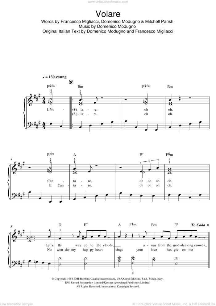 Volare sheet music for piano solo by Dean Martin, Domenico Modugno, Franco Migliacci and Mitchell Parish, easy skill level