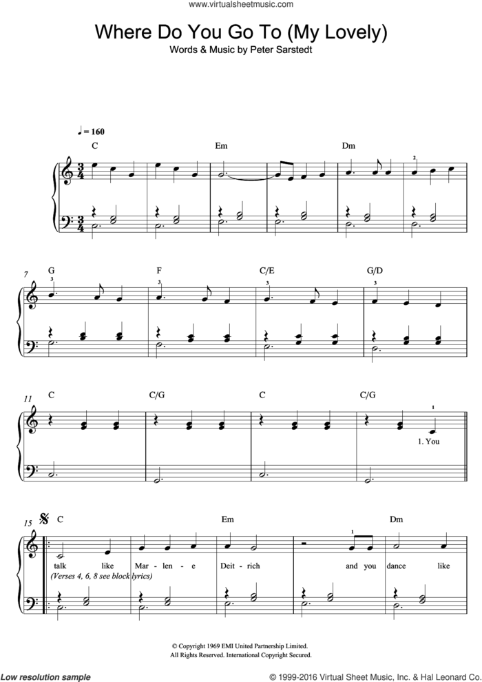 Where Do You Go To (My Lovely) sheet music for piano solo by Peter Sarstedt, easy skill level