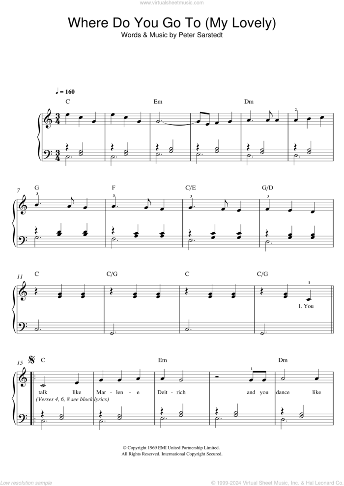 Where Do You Go To (My Lovely) sheet music for piano solo by Peter Sarstedt, easy skill level