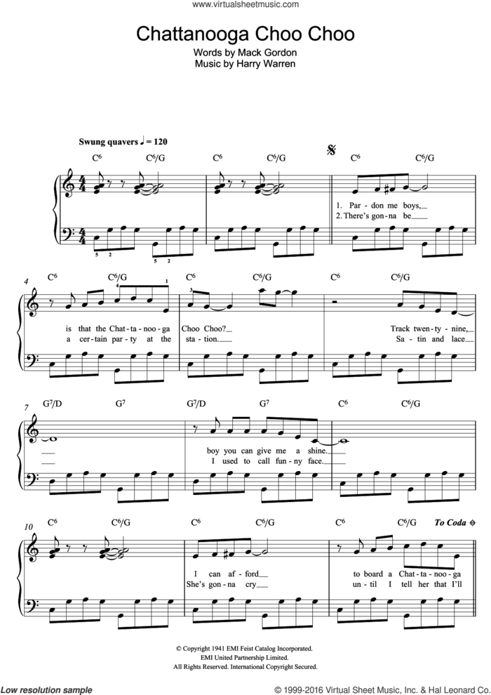 Chattanooga Choo Choo sheet music for piano solo by Glenn Miller, Harry Warren and Mack Gordon, easy skill level