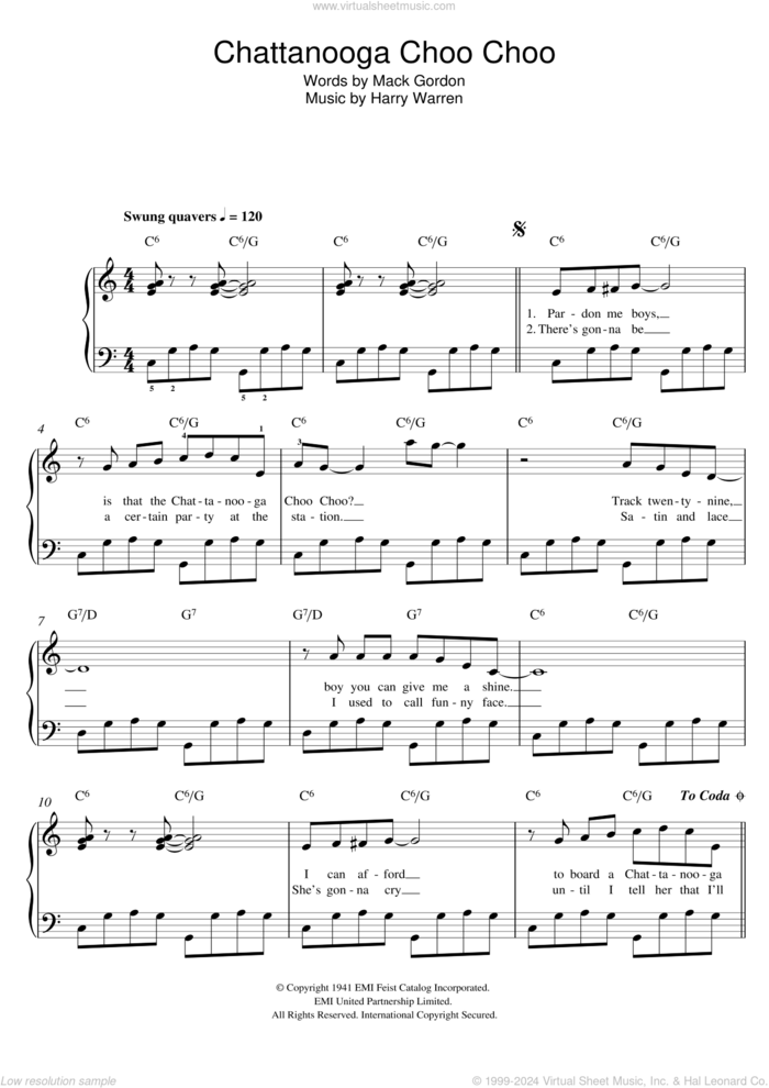 Chattanooga Choo Choo sheet music for piano solo by Glenn Miller, Harry Warren and Mack Gordon, easy skill level