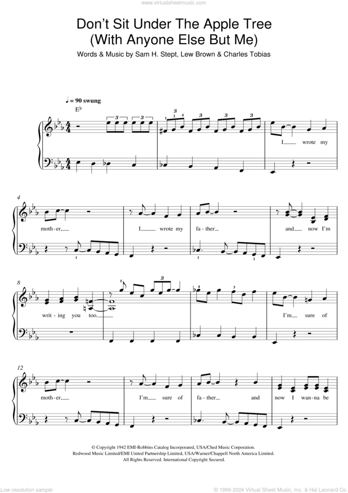 Don't Sit Under The Apple Tree (With Anyone Else But Me) sheet music for piano solo by The Andrews Sisters, Charles Tobias, Lew Brown and Sam H. Stept, easy skill level