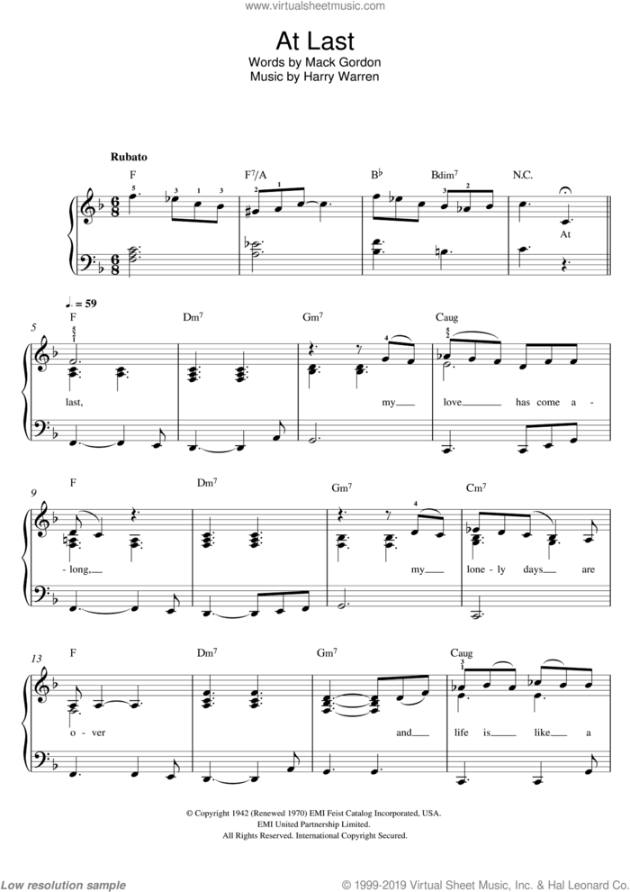 At Last sheet music for piano solo by Etta James, Harry Warren and Mack Gordon, easy skill level
