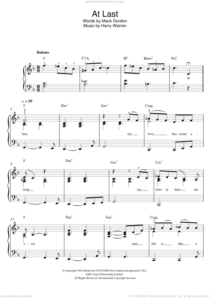 At Last sheet music for piano solo by Etta James, Harry Warren and Mack Gordon, wedding score, easy skill level