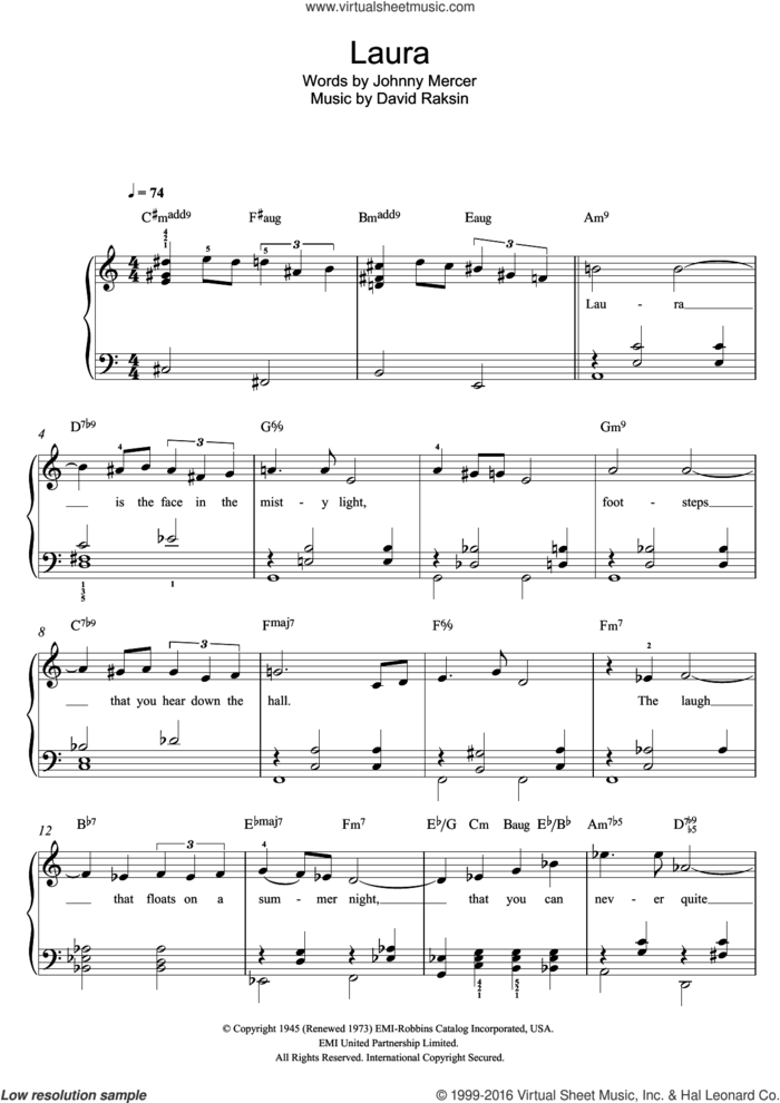 Laura sheet music for piano solo by Billy Eckstine, David Raksin and Johnny Mercer, easy skill level