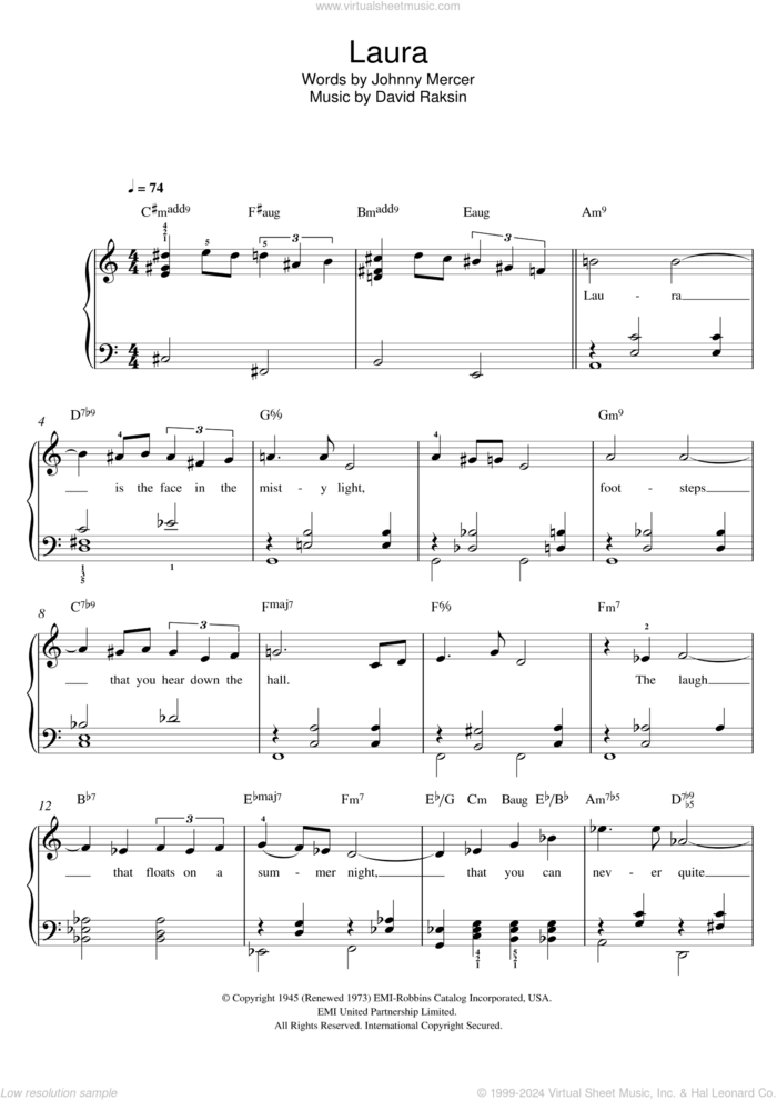 Laura sheet music for piano solo by Billy Eckstine, David Raksin and Johnny Mercer, easy skill level