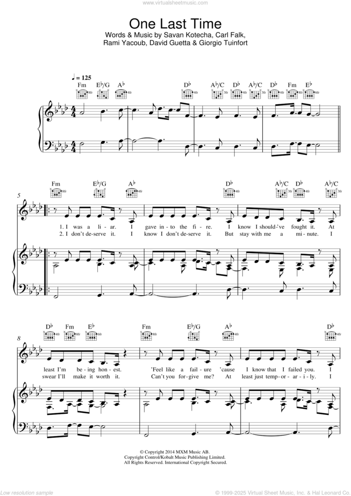 One Last Time sheet music for voice, piano or guitar by Ariana Grande, Carl Falk, David Guetta, Giorgio Tuinfort, Rami and Savan Kotecha, intermediate skill level