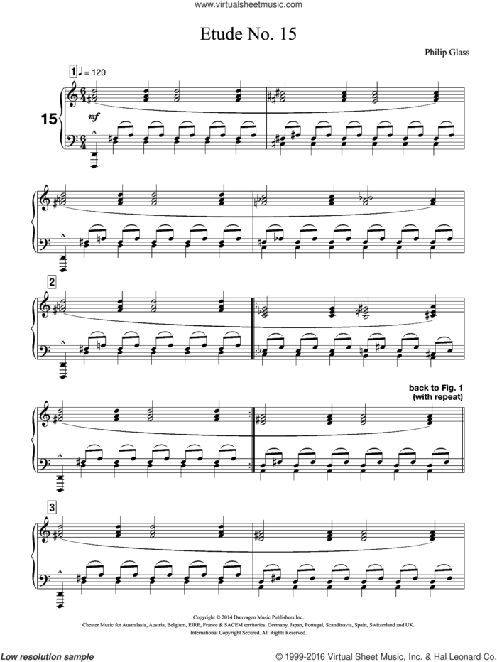 Etude No. 15 sheet music for piano solo by Philip Glass, classical score, intermediate skill level