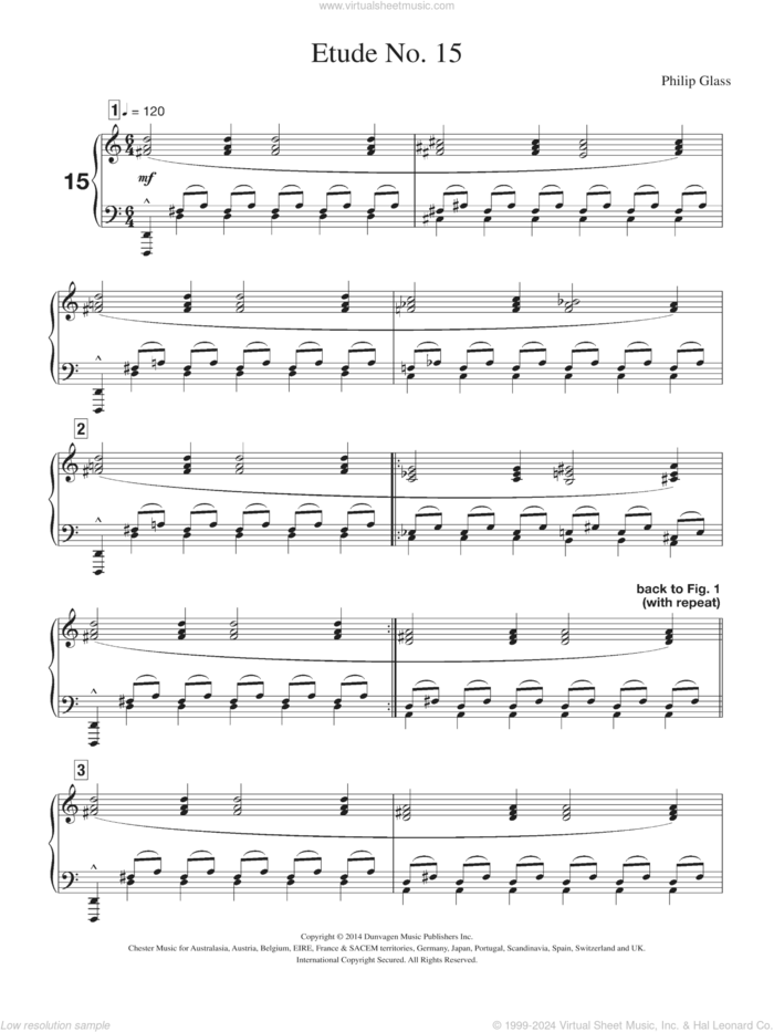 Etude No. 15 sheet music for piano solo by Philip Glass, classical score, intermediate skill level