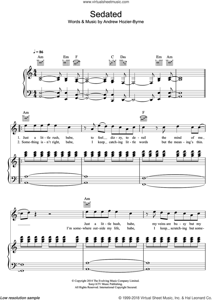 Sedated sheet music for voice, piano or guitar by Hozier and Andrew Hozier-Byrne, intermediate skill level