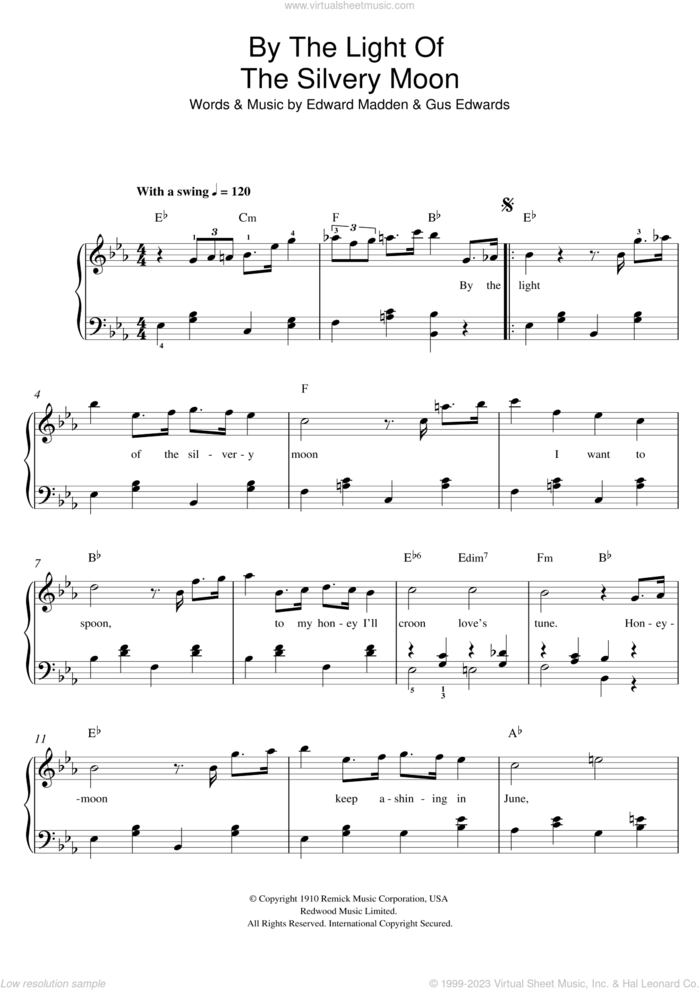 By The Light Of The Silvery Moon sheet music for piano solo by Doris Day, Edward Madden and Gus Edwards, easy skill level