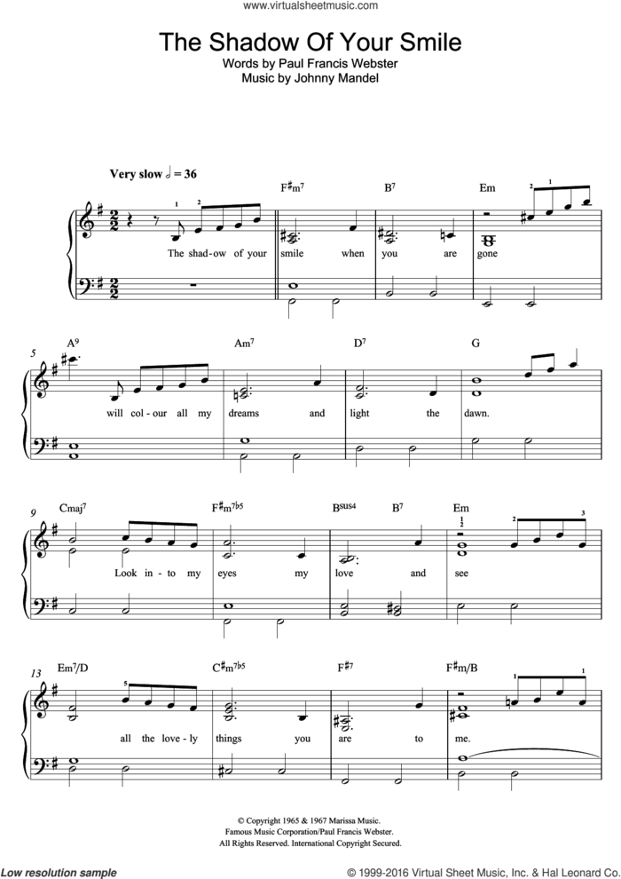 The Shadow Of Your Smile sheet music for piano solo by Tony Bennett, Johnny Mandel and Paul Francis Webster, easy skill level
