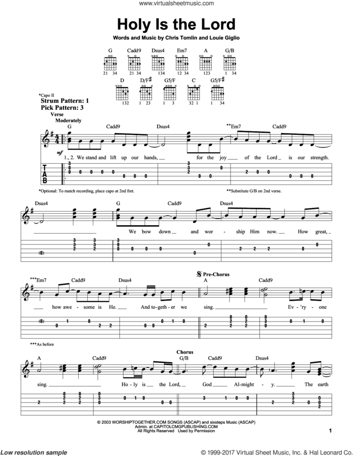 Holy Is The Lord sheet music for guitar solo (easy tablature) by Chris Tomlin, Bethany Dillon and Louie Giglio, easy guitar (easy tablature)