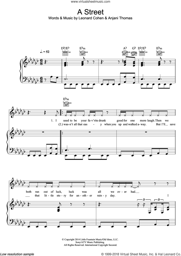 A Street sheet music for voice, piano or guitar by Leonard Cohen and Anjani Thomas, intermediate skill level