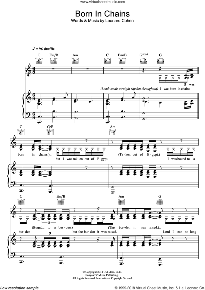 Born In Chains sheet music for voice, piano or guitar by Leonard Cohen, intermediate skill level