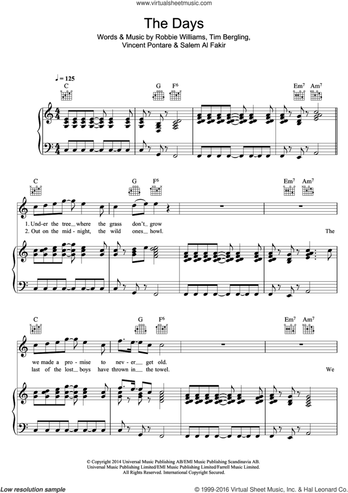 The Days (feat. Robbie Williams) sheet music for voice, piano or guitar by Avicii, Robbie Williams, Salem Al Fakir, Tim Bergling and Vincent Pontare, intermediate skill level
