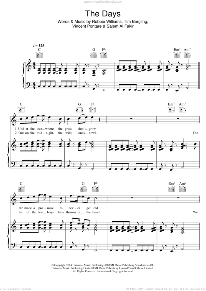 The Days (feat. Robbie Williams) sheet music for voice, piano or guitar by Avicii, Robbie Williams, Salem Al Fakir, Tim Bergling and Vincent Pontare, intermediate skill level