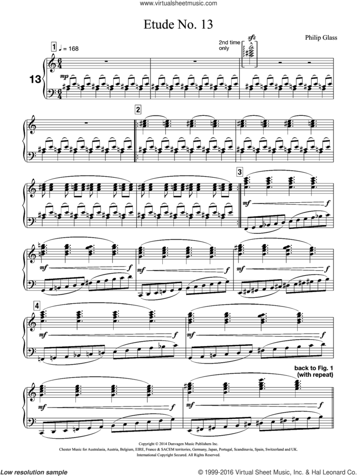 Etude No. 13 sheet music for piano solo by Philip Glass, classical score, intermediate skill level