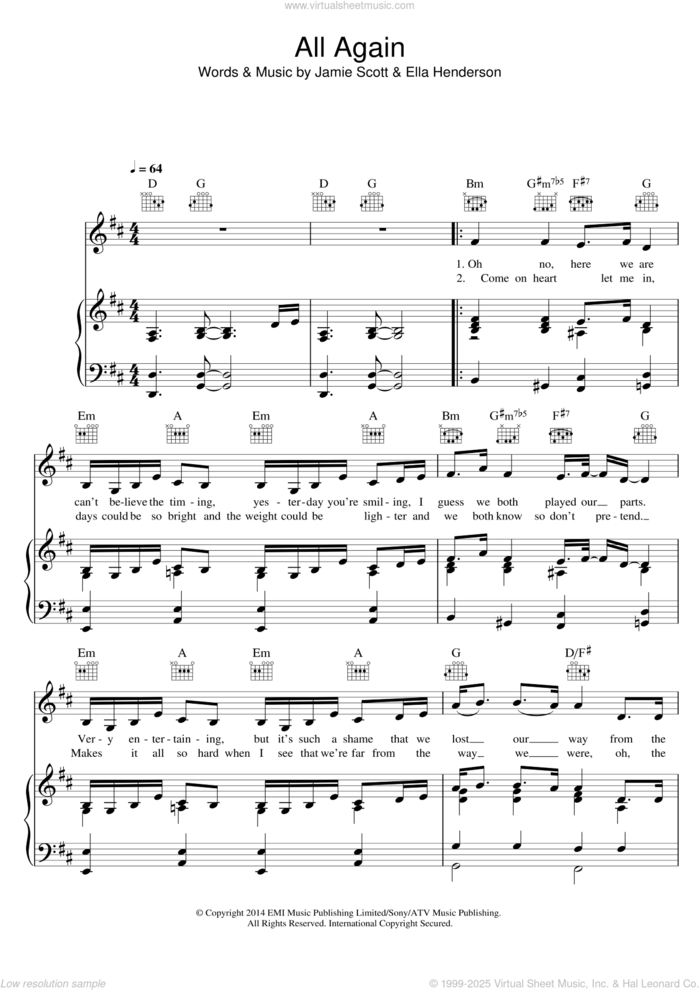 All Again sheet music for voice, piano or guitar by Ella Henderson and Jamie Scott, intermediate skill level