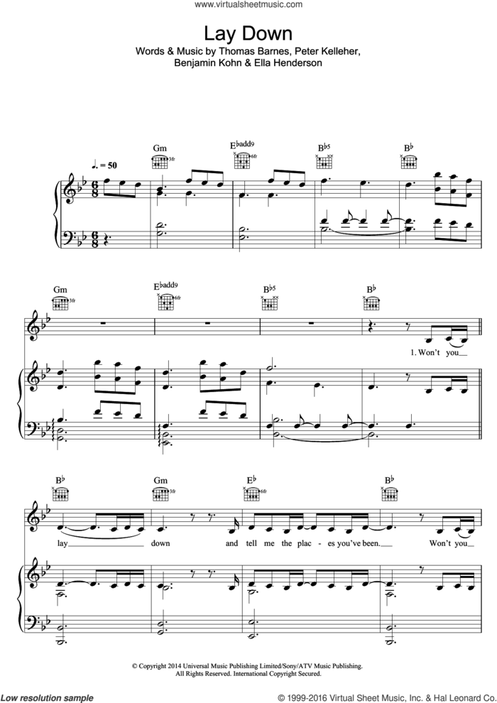 Lay Down sheet music for voice, piano or guitar by Ella Henderson, Benjamin Kohn, Peter Kelleher and Thomas Barnes, intermediate skill level