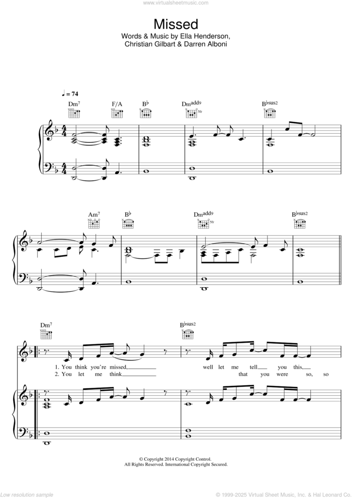 Missed sheet music for voice, piano or guitar by Ella Henderson, Christian Gilbart and Darren Alboni, intermediate skill level