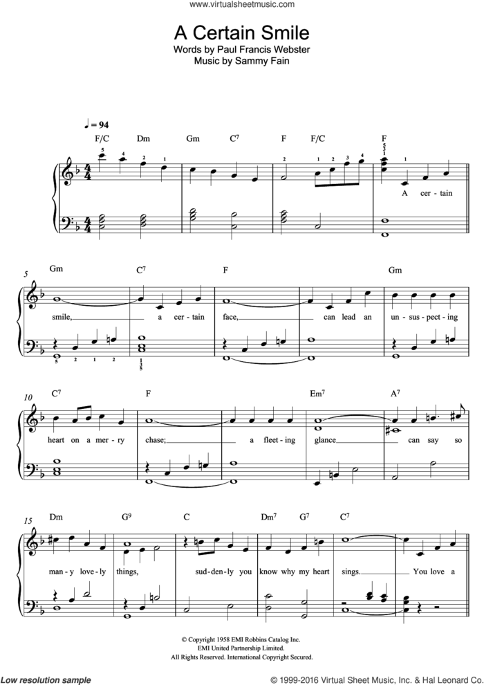 A Certain Smile, (easy) sheet music for piano solo by Johnny Mathis, Sammy Fain and Paul Francis Webster, easy skill level