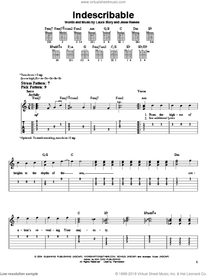 Indescribable sheet music for guitar solo (easy tablature) by Chris Tomlin, Jesse Reeves and Laura Story, easy guitar (easy tablature)
