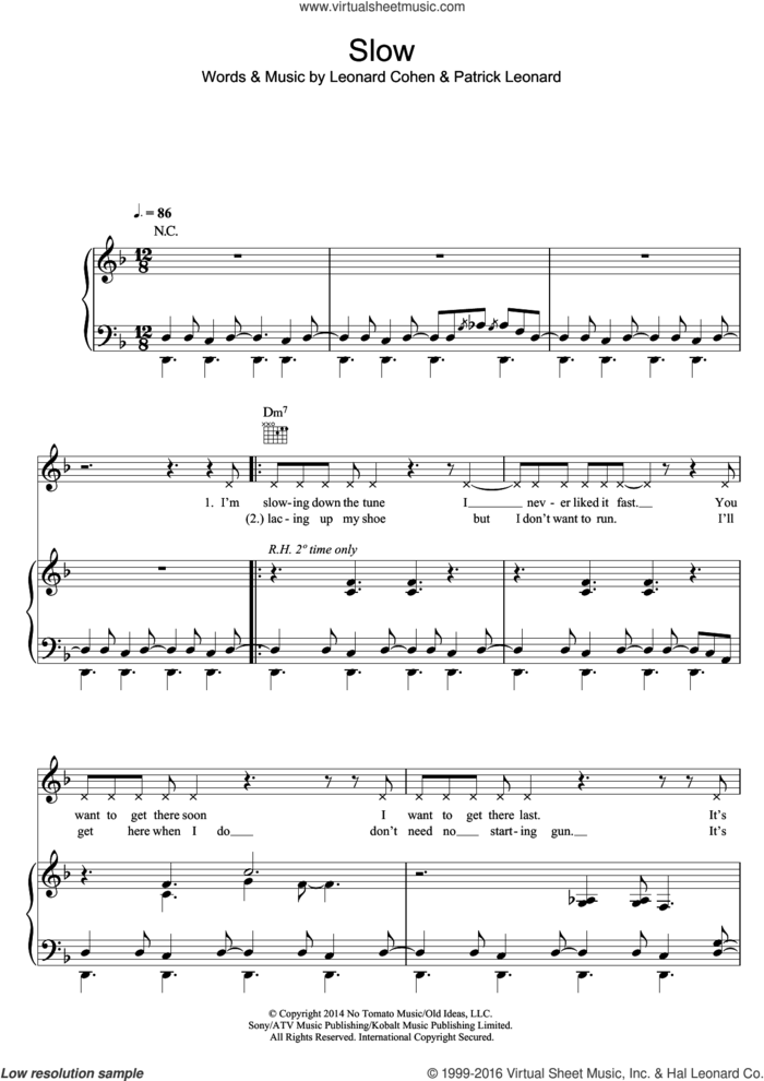 Slow sheet music for voice, piano or guitar by Leonard Cohen and Patrick Leonard, intermediate skill level