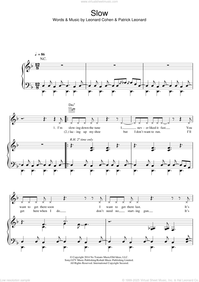 Slow sheet music for voice, piano or guitar by Leonard Cohen and Patrick Leonard, intermediate skill level