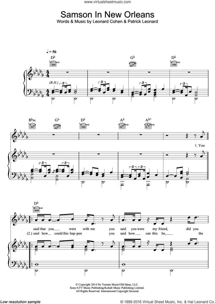 Samson In New Orleans sheet music for voice, piano or guitar by Leonard Cohen and Patrick Leonard, intermediate skill level