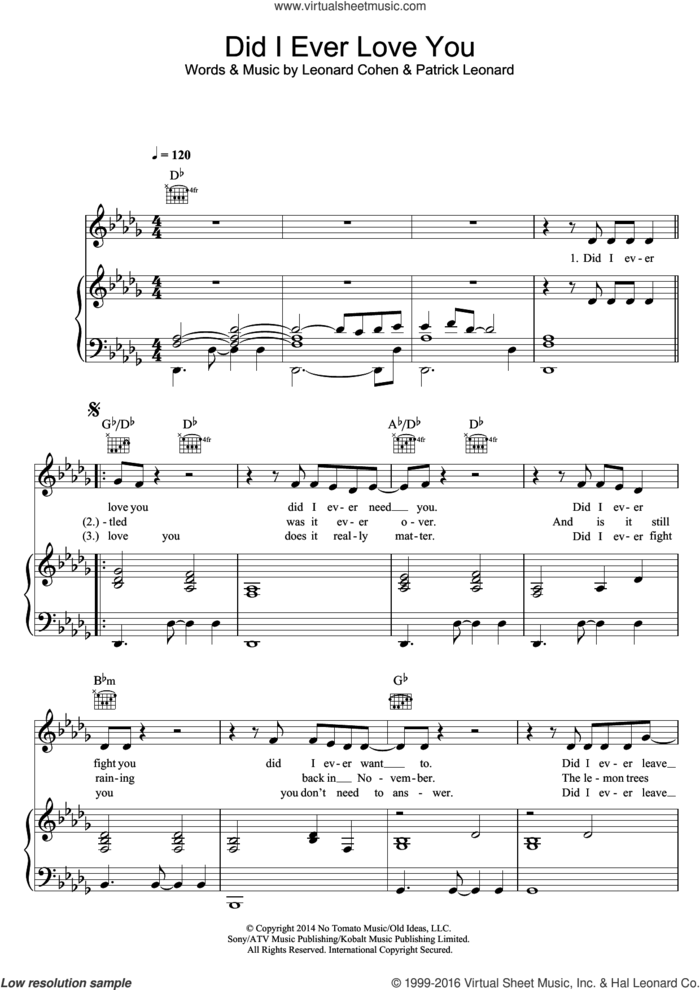 Did I Ever Love You sheet music for voice, piano or guitar by Leonard Cohen and Patrick Leonard, intermediate skill level
