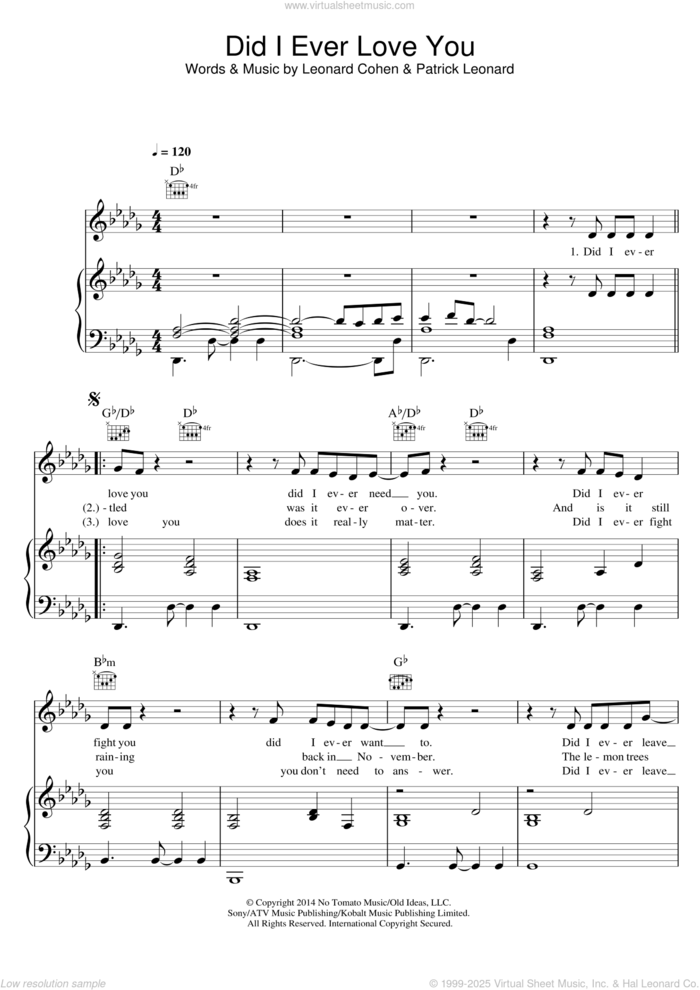 Did I Ever Love You sheet music for voice, piano or guitar by Leonard Cohen and Patrick Leonard, intermediate skill level