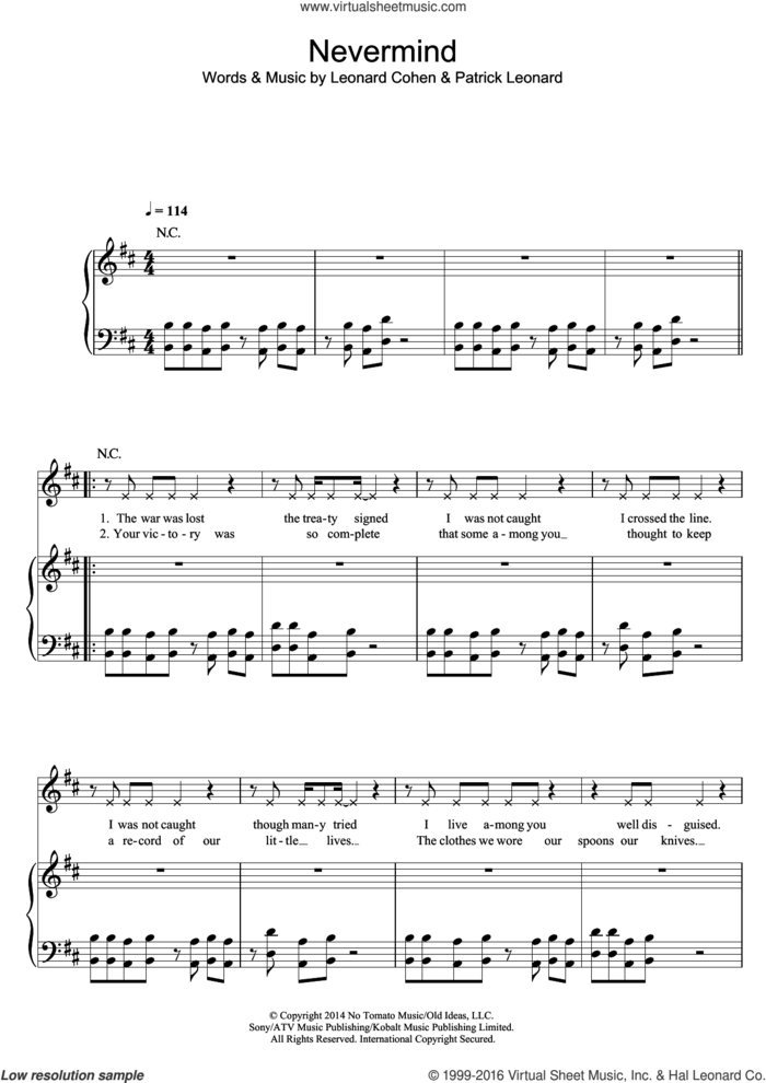 Nevermind sheet music for voice, piano or guitar by Leonard Cohen and Patrick Leonard, intermediate skill level