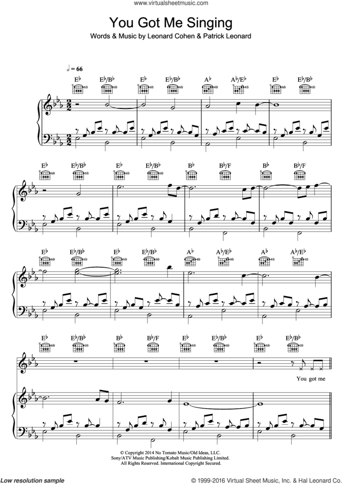 You Got Me Singing sheet music for voice, piano or guitar by Leonard Cohen and Patrick Leonard, intermediate skill level