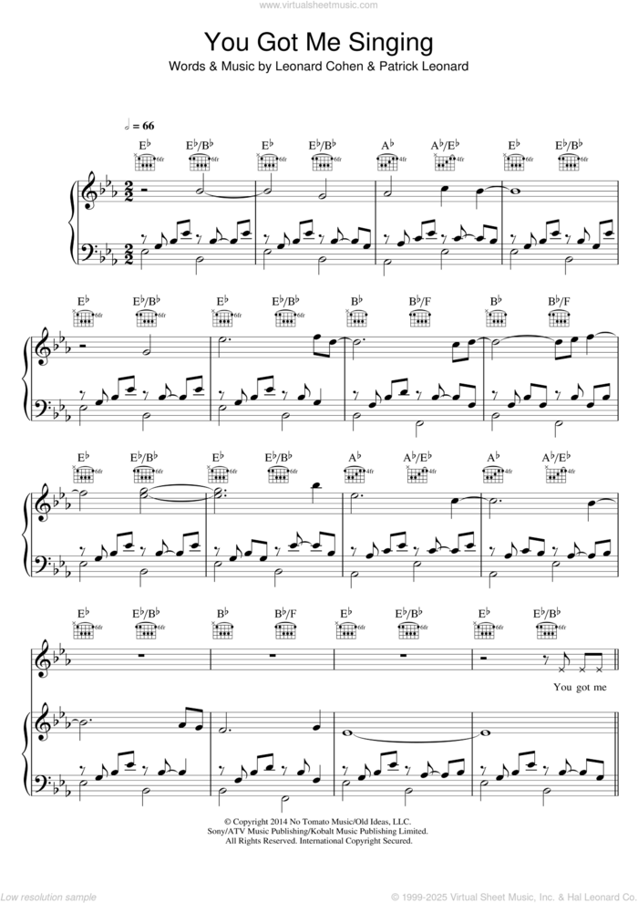 You Got Me Singing sheet music for voice, piano or guitar by Leonard Cohen and Patrick Leonard, intermediate skill level