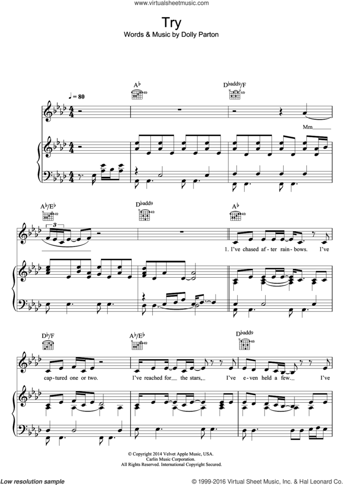 Try sheet music for voice, piano or guitar by Dolly Parton, intermediate skill level