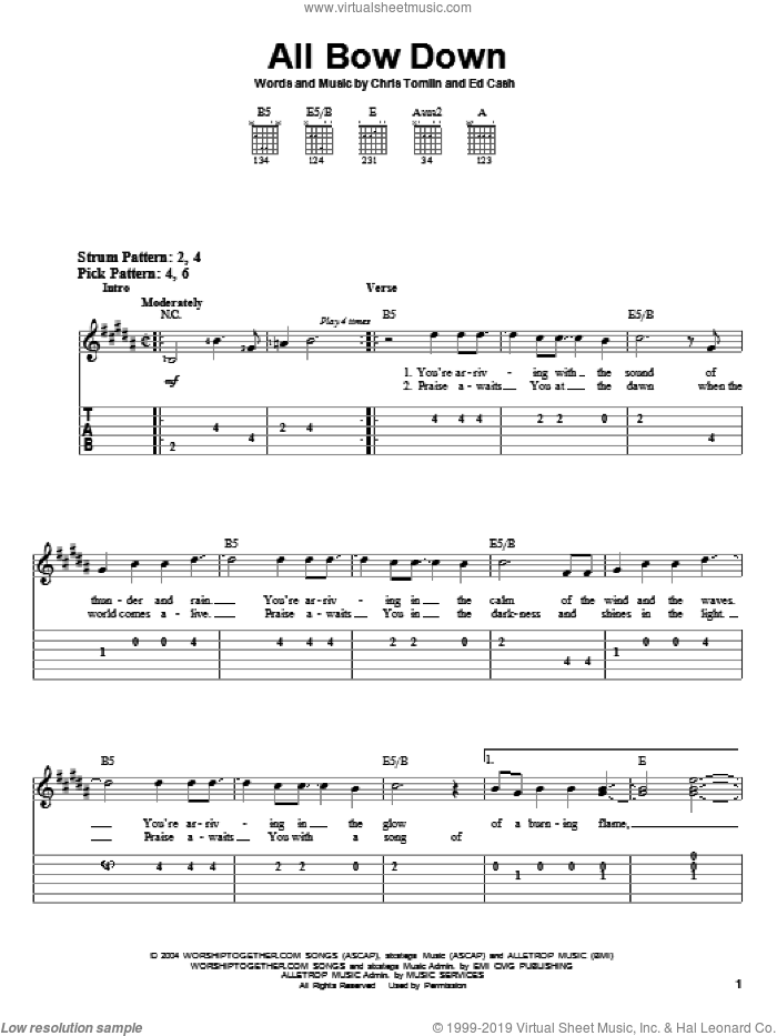 All Bow Down sheet music for guitar solo (easy tablature) by Chris Tomlin and Ed Cash, easy guitar (easy tablature)
