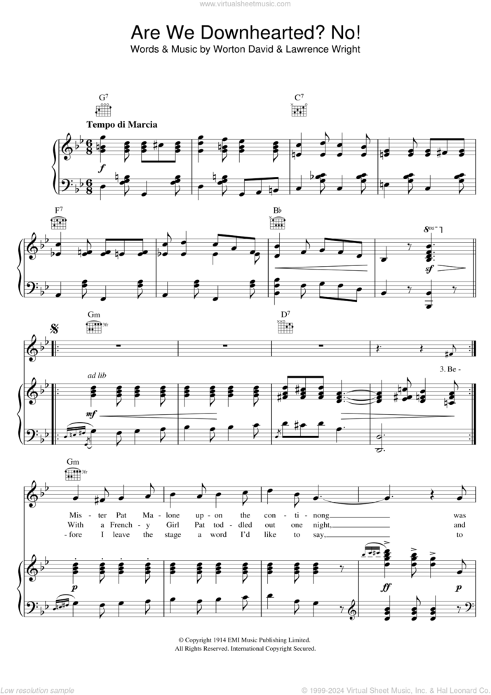 Are We Downhearted? No! sheet music for voice, piano or guitar by Lawrence Wright and Worton David, intermediate skill level