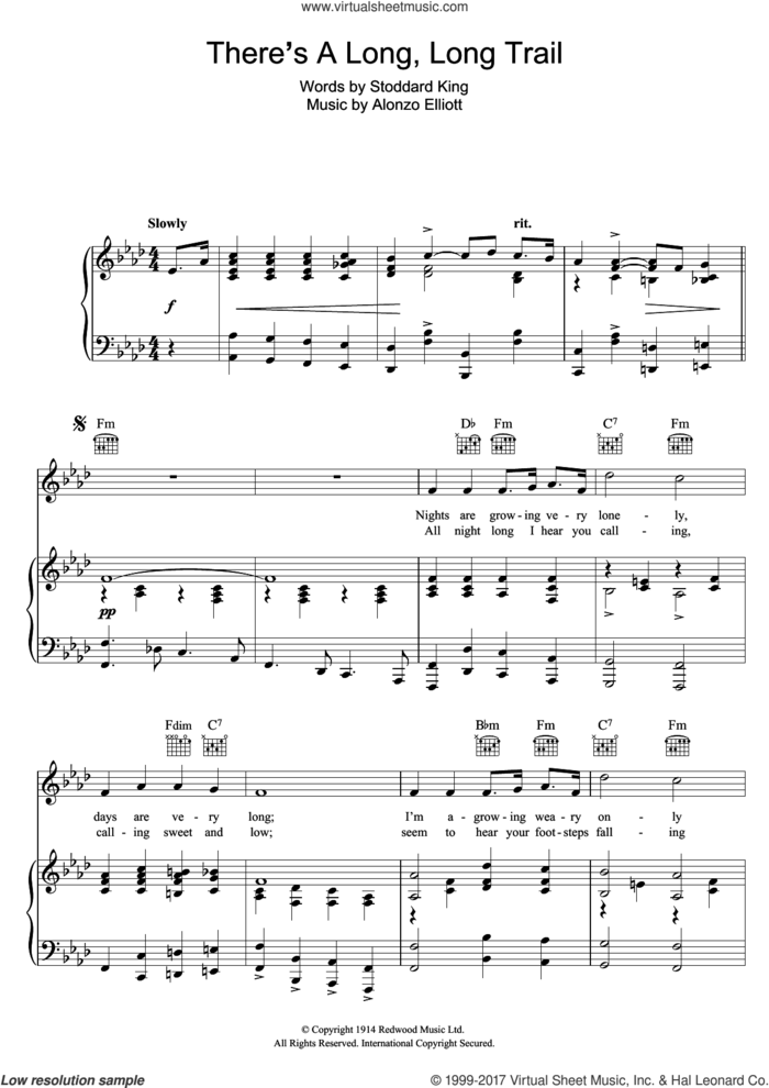 There's A Long, Long Trail sheet music for voice, piano or guitar by Alonzo Elliott and Stoddard King, intermediate skill level