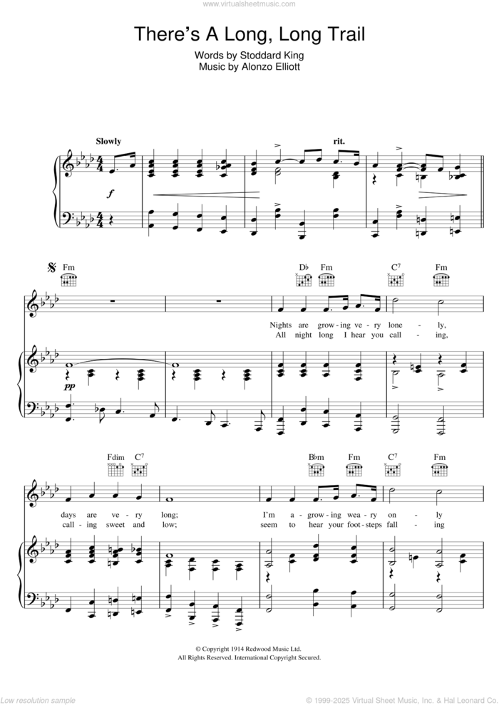 There's A Long, Long Trail sheet music for voice, piano or guitar by Alonzo Elliott and Stoddard King, intermediate skill level