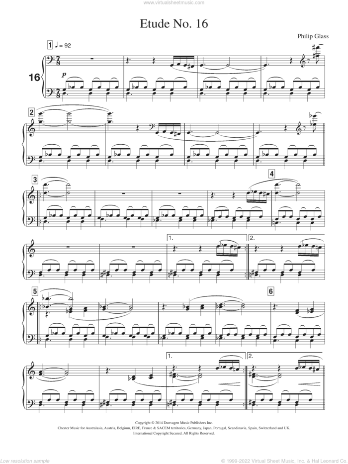 Etude No. 16 sheet music for piano solo by Philip Glass, classical score, intermediate skill level
