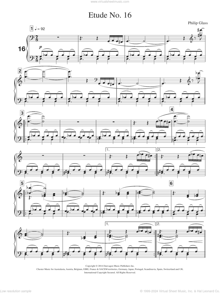 Etude No. 16 sheet music for piano solo by Philip Glass, classical score, intermediate skill level